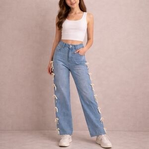 KatieJNYC Chicago Lace Bow Low Rise Jeans Coquette Y2K Straight Wide Leg Medium